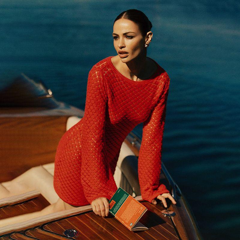 

European and American Spring/Summer Beach Skirt Women Sexy Knitted Bikinis Swimsuit Women clothes Knitted Beach Skirt Red L