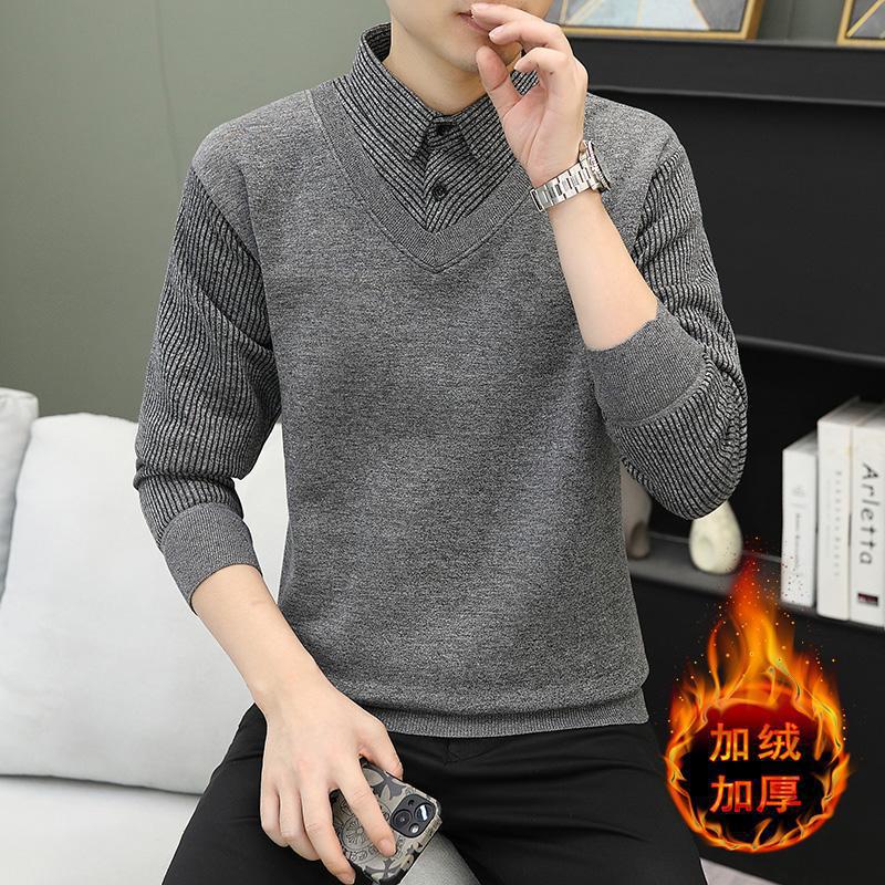 Men S Fake Two Piece Shirt Collar Fleece Striped Casual Sweater