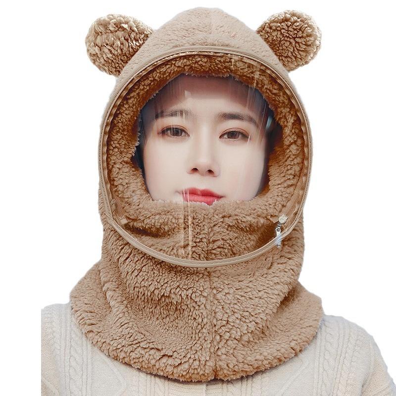 Winter cycling mask outdoor cold hat female cute plush pullover hat warm electric vehicle scarf integrated hat
