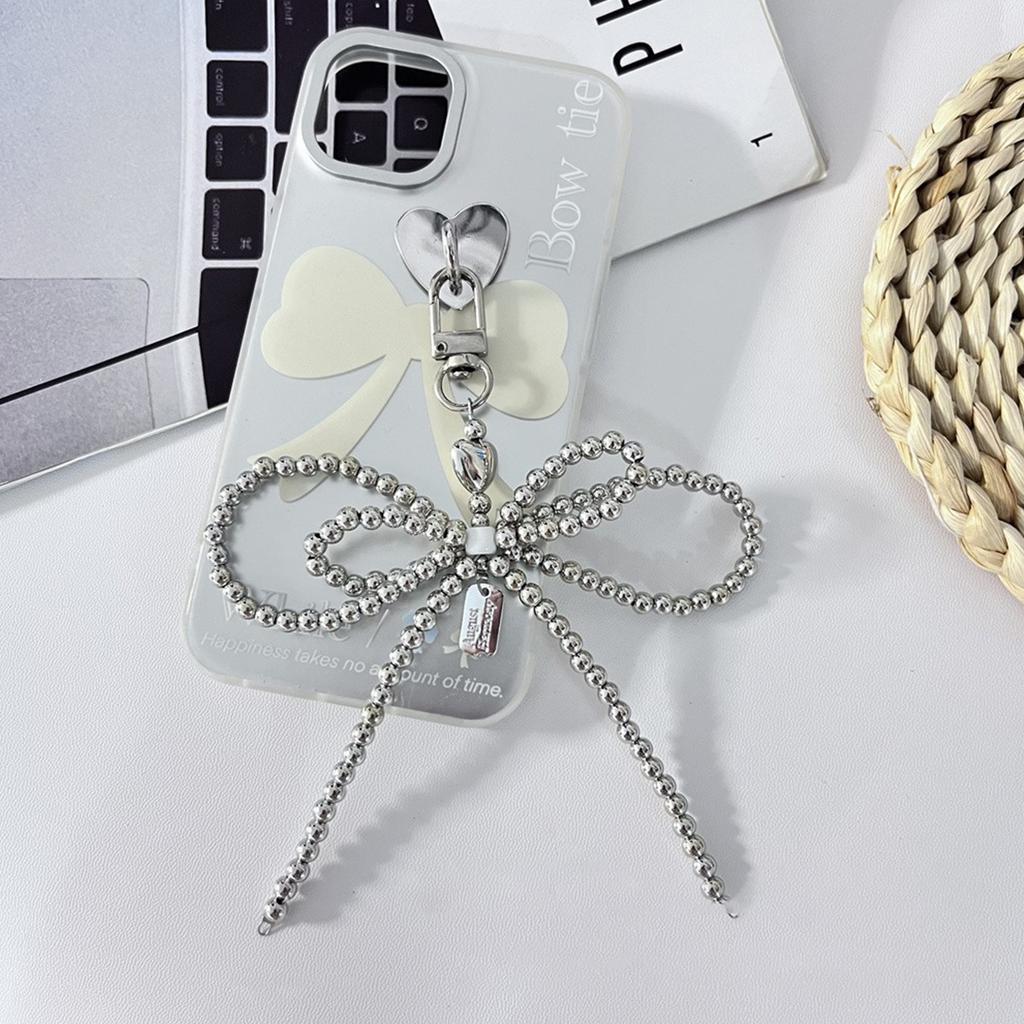 Elegant Bowknot Keychain Charm Silver Heart Pendant Woman Accessories Fashion Bag Charm Beaded Key Pendant for Key Bag
