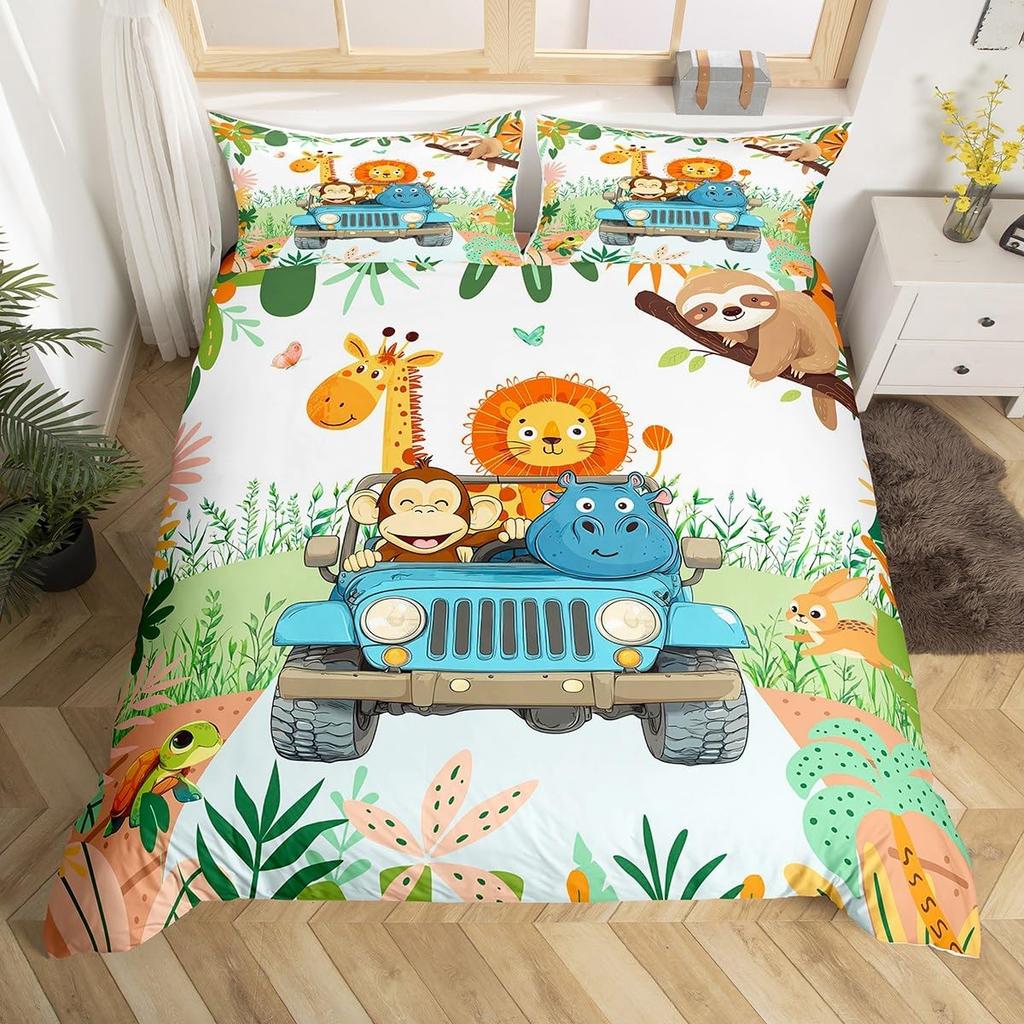 Cute Cartoon Animals Bedding Set TwinKawaii Elephant Lion Print Duvet Cover for Kids Boys Bedroom DecorBoho Trees Quilt Cover
