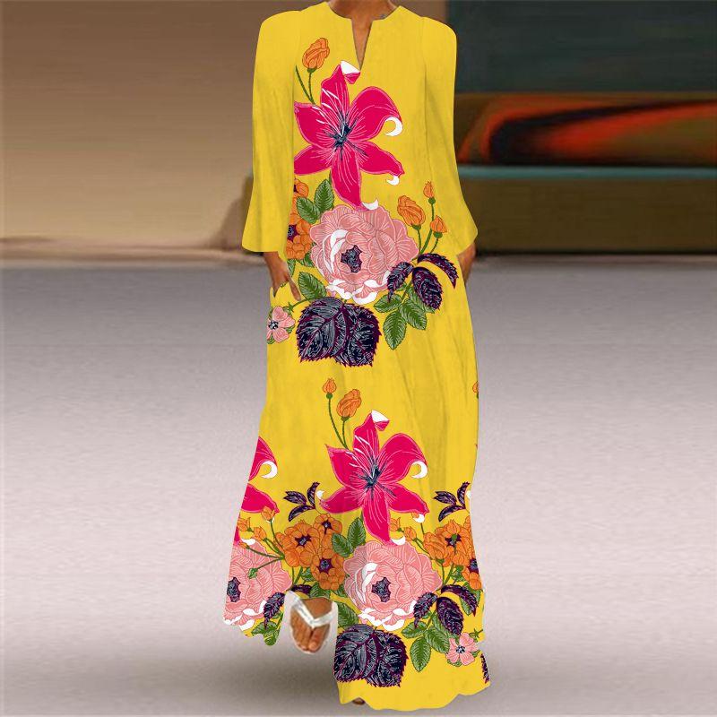 Fashion Style Spring and Summer Fashion New Women's Retro Butterfly Print Long Dress Export V Neck Long Sleeves Pocket Dress