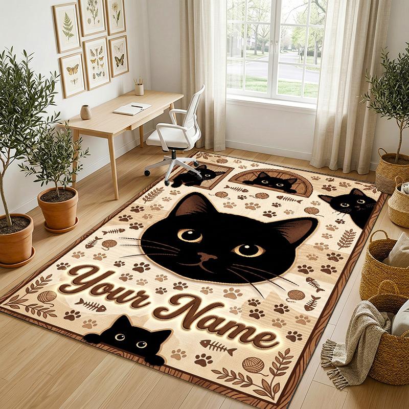 Cat Theme Crystal Velvet Rug Personalized Custom Name Text Soft Floor Mat Home Decor