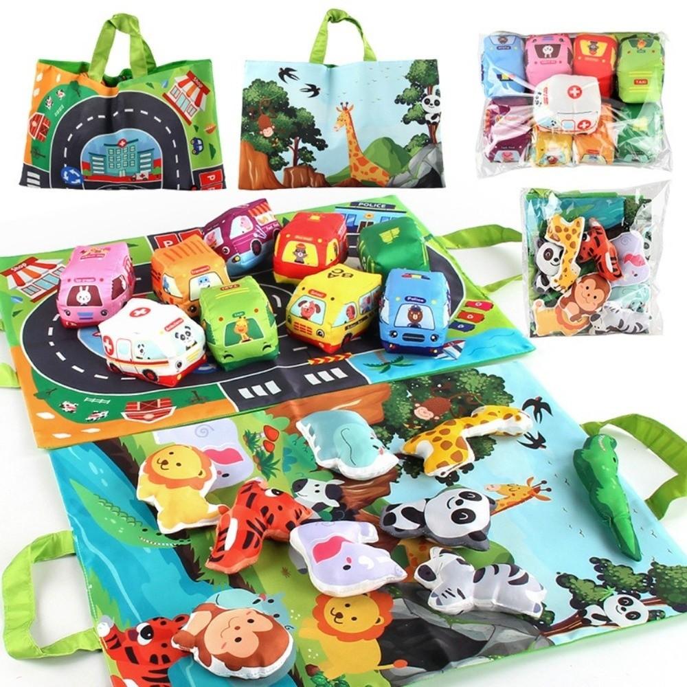 6/9pcs Set with Play Mat Soft Cloth Car Toy Soft Cloth Montessori Toy Sound Paper Rattle Toy Baby
