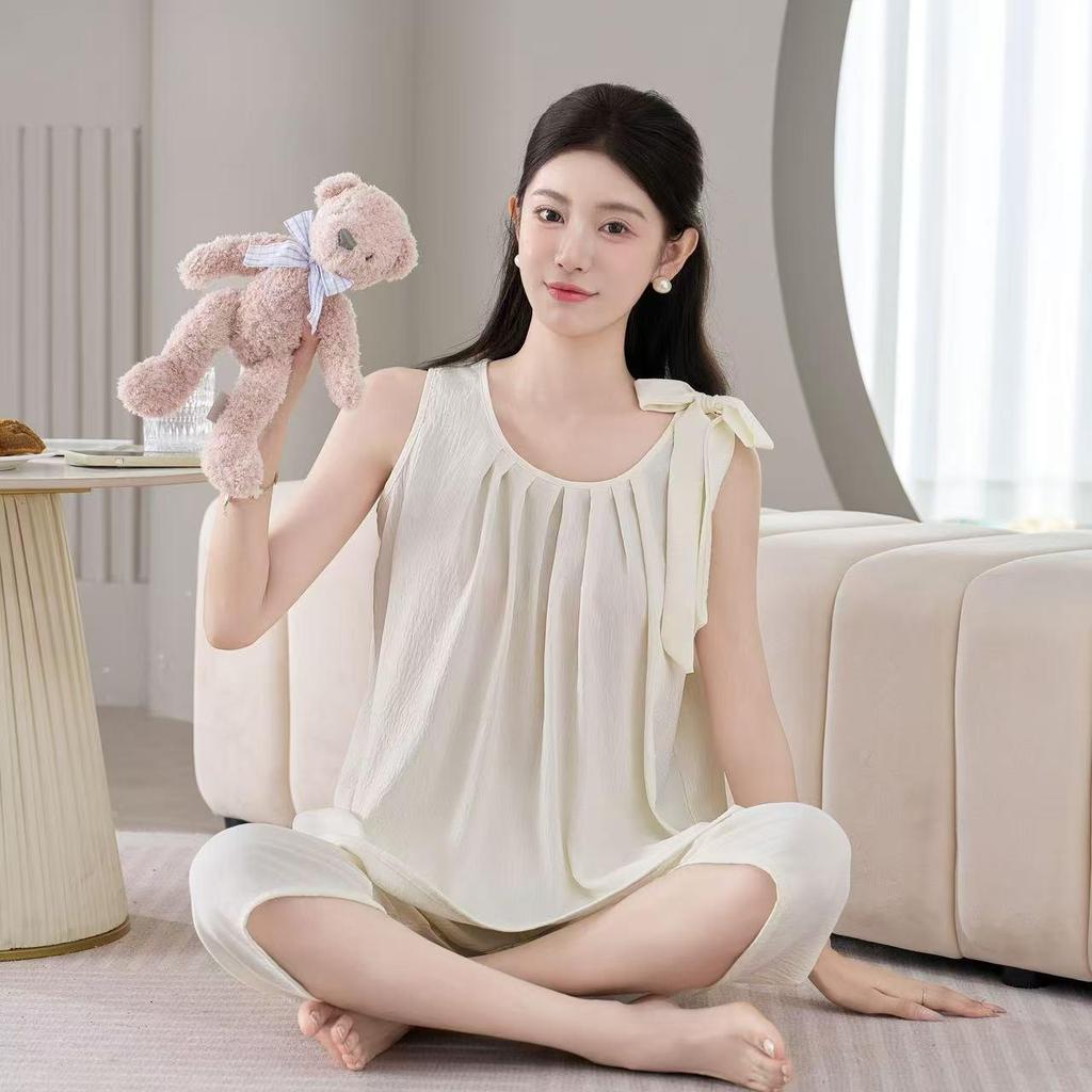 2026 Women's Summer Cloud Cotton Pajama Set: Lightweight Vest & Cropped Pants, Convertible to Relaxed Style