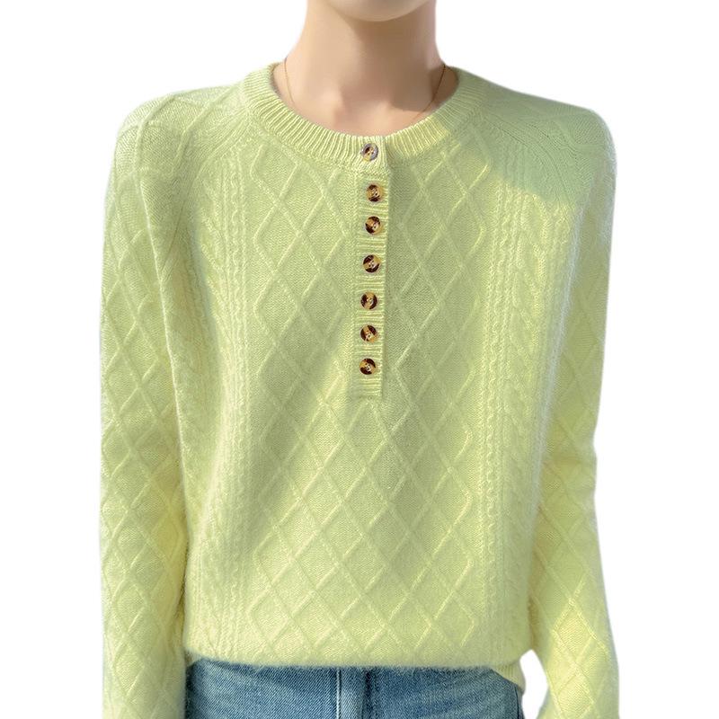 Lekasha 100% Cashmere Mink Velvet Seven-Button Cable Knit Sweater