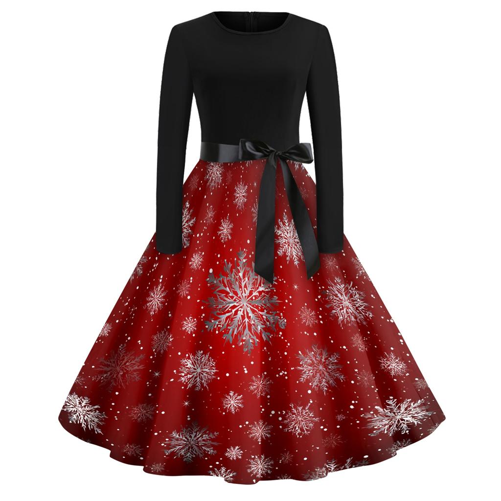 Women's Vintage V-Neck Christmas Print Casual Dress for Holiday Party