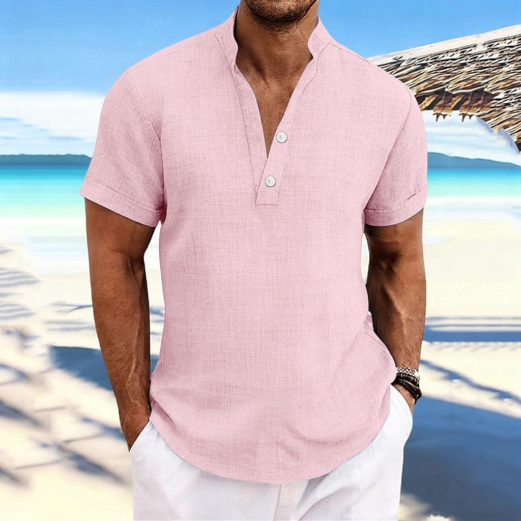 Men's Stand-up Collar, Half-open Jacket, Linen Short-sleeved Shirt