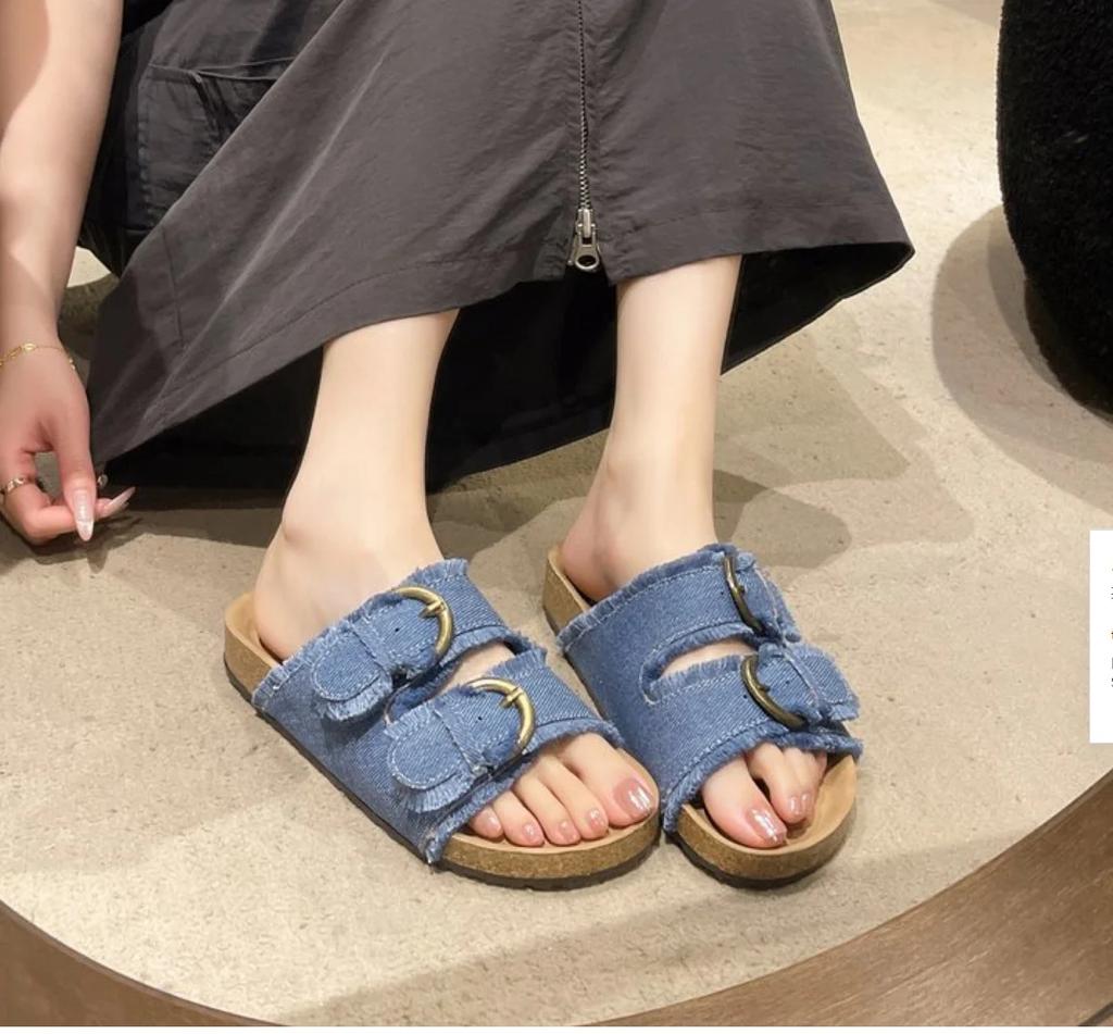 Fashion Summer Fashion Retro Denim Open-Toe Slippers Women All-match Outdoor Slides Sandals Casual Flats Shoes Comfortable Flip Flops