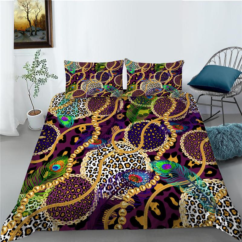 Bettbezug-Set mit Leopardenmuster, Mikrofaser, europäischer Retro-Klassiker, Druck, Doppelbett-Bettbezug mit Leopardenmuster und Goldkette, Kingsize