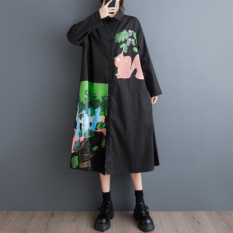 

DIMANAF 2025 Женское весеннее платье больших размеров Винтажное новое женское длинное платье с принтом Свободное платье макси Длинный рукав Пуговица One Size чёрный