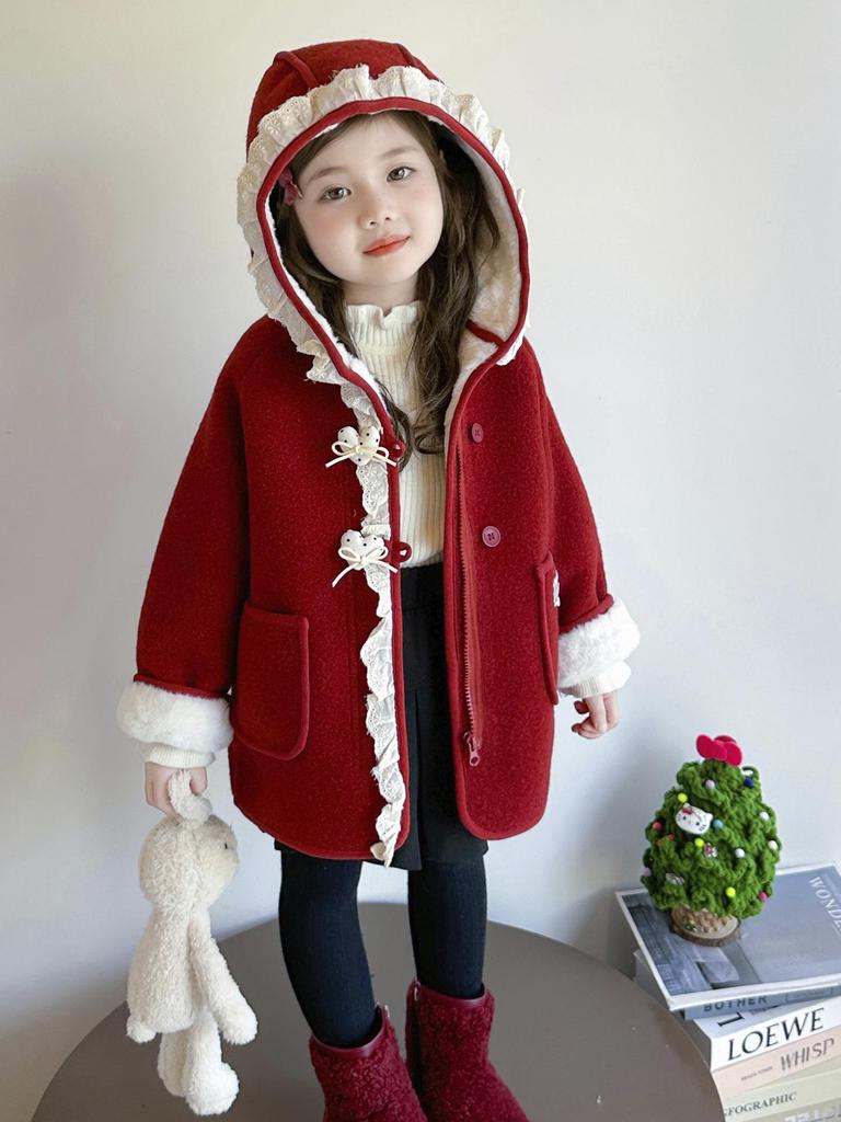 2025 Girls' Fleece Hooded Winter Woolen Coat - Fashionable & Stylish