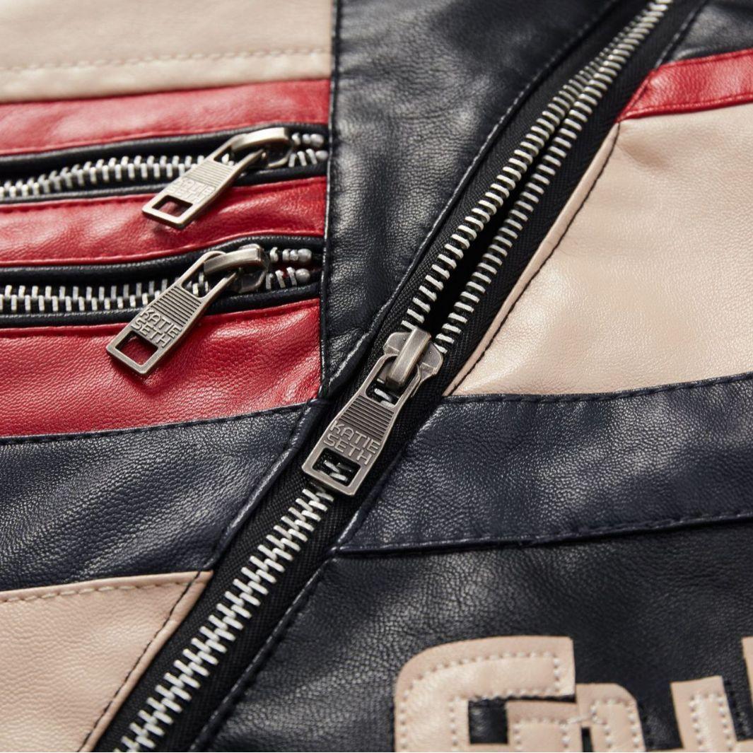 Кожаная куртка мужская осенне-зимняя новая кожаная куртка модная трехцветная косая молния — фото 4