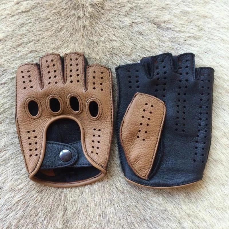 High Quality New Half Finger Men Genuine Leather Gloves Goatskin Gloves Fashion Men Breathable Driving Gloves Male Mittens