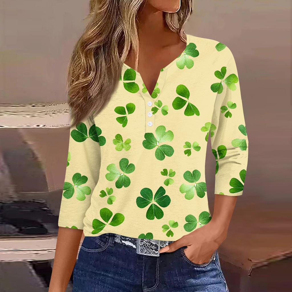 3/4-Ärmel-Shirts für Damen Niedliche Druck-Grafik-T-Shirts Blusen Lässige Blusen V-Ausschnitt Tunika-Tops St. Patrick's