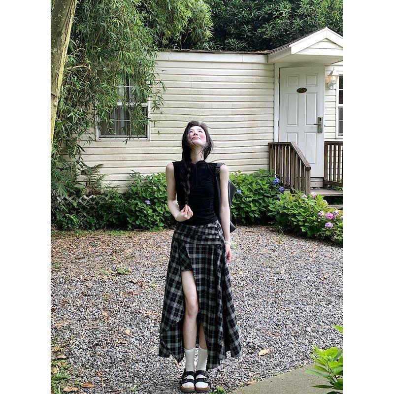 Kumikumi Design Sense Black Pleat Vest Top Women Summer Slimming Plaid Skirt Long Dress Two-piece Set