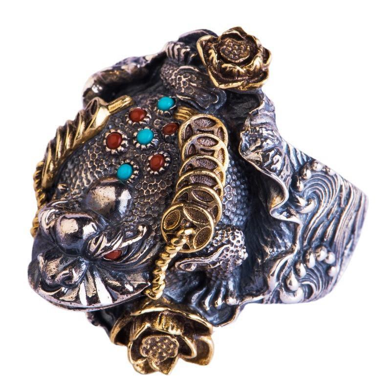 Verstelbare Vintage Gouden Pad Ring Met Handgemaakte Edelsteen Inleg Mannen Vrouwen