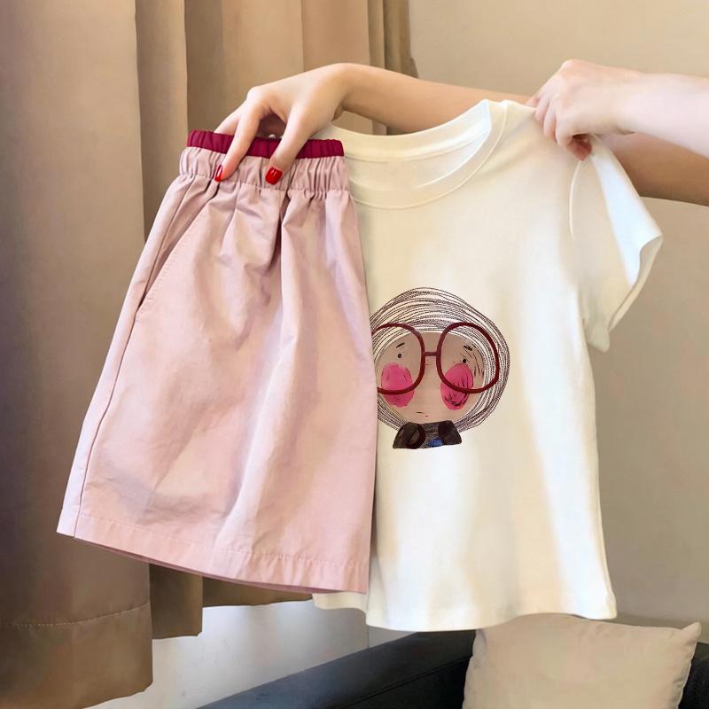 Girls' Cartoon Cotton T-Shirt & Shorts Set - Summer 2026 New Arrival for Ages 6-12