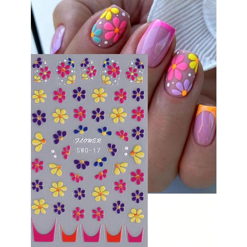 1pcs Colorful Flower 5D Embossed Nail Stickers French Floral Nail Art Design Summer Decals DIY Adhesive Slider Summer Manicure Decor Nail Supplies