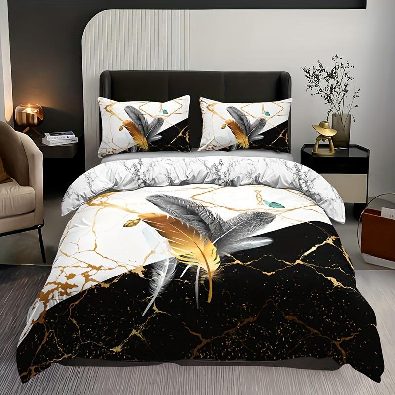 

3Pcs Duvet Cover Set Soft Breathable Black White Marble Feather Print Comforter With 2 Pillowcases No Insert Duvet Cover Set&EU Single(135x200cm)