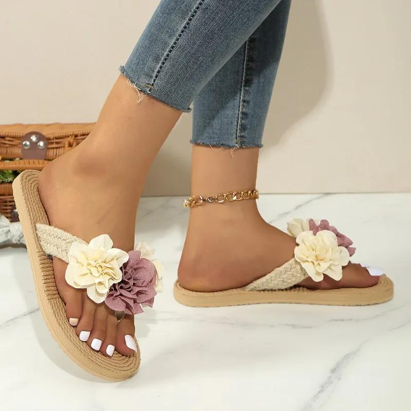 Módní Dekorace Ležérní Ploché Pantofle Boty pro Ženy Nazouváky Nové Letní Pantofle Venkovní Plážové Žabky Roztomilý Květinový Mašle