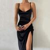 High Slit Bodycon Dress for Women Sleeveless Spaghetti Strap Going Out Midi Dress Sexy Cowl Neck Party Cocktail Dress