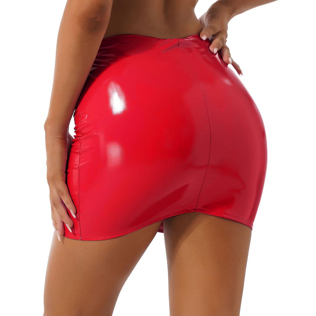 Womens Glossy Patent Leather Miniskirt Solid Color Elastic Waistband Pencil Skirt Music Festival Wear