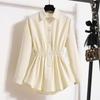 Women's Plus Size Blouse Korean Style Spring Autumn Loose Elegant Casual Mid-length Tops Long Sleeved Waist Cinching Shirts