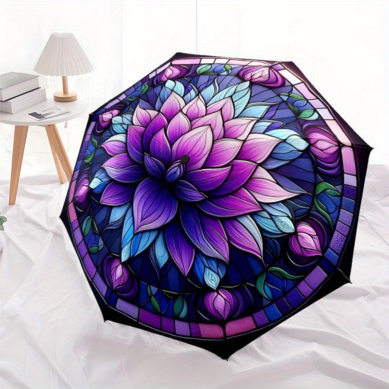 1pc Lotus StainedGlass Compact Travel Umbrella, Automatic Folding Lightweight Windproof 8-Bone Reinforced Design, Portable for Backpack Dura
