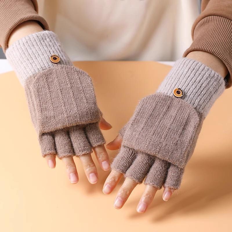 Gants d'hiver tricotés demi-doigts pour femmes avec rabat mignon - Laine de velours chaude, parfaits pour les étudiants qui écrivent.