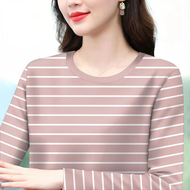 Round Neck Striped Long-sleeved T-shirt Women's Autumn Loose Korean Style Large Size Middle-aged Mother's Wear Fashionable New Style Top