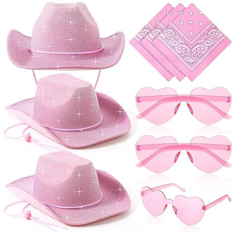 Pink Glitter Cowboy Hat Three-piece Set, Western Cowboy Glitter Cowboy Hat, Halloween Composite Cowboy Hat