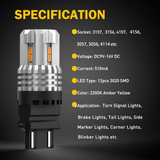 3157 3156 3356 Amber LED Turn Signal Light Bulbs Kit 2400LM Plug&Play CANbus