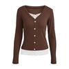 Women Tops V Neck Long Sleeve Lace Splicing Fake Two-Piece Design Blouse Slim Fit Casual Tops Work Party Date Daily Wear
