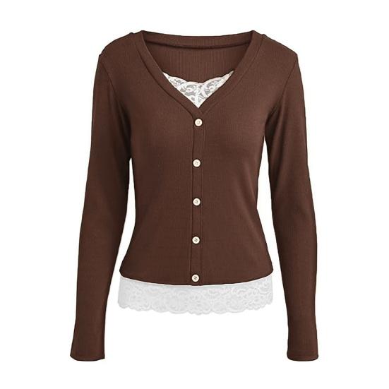 Women Tops V Neck Long Sleeve Lace Splicing Fake Two-Piece Design Blouse Slim Fit Casual Tops Work Party Date Daily Wear