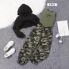 Short Hooded Sweatshirt Set, Fleece Ribbed Back Camouflage All-over Printed Sweatpants 3-piece Set