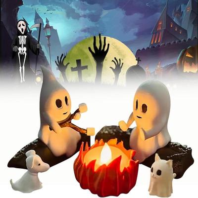 Ghost Campfire Gathering, Ghost Campfire Flickering Nightlight, Flickering LED Campfire Scene, Cute Ghosts Figurine Set,Funny Halloween Decor
