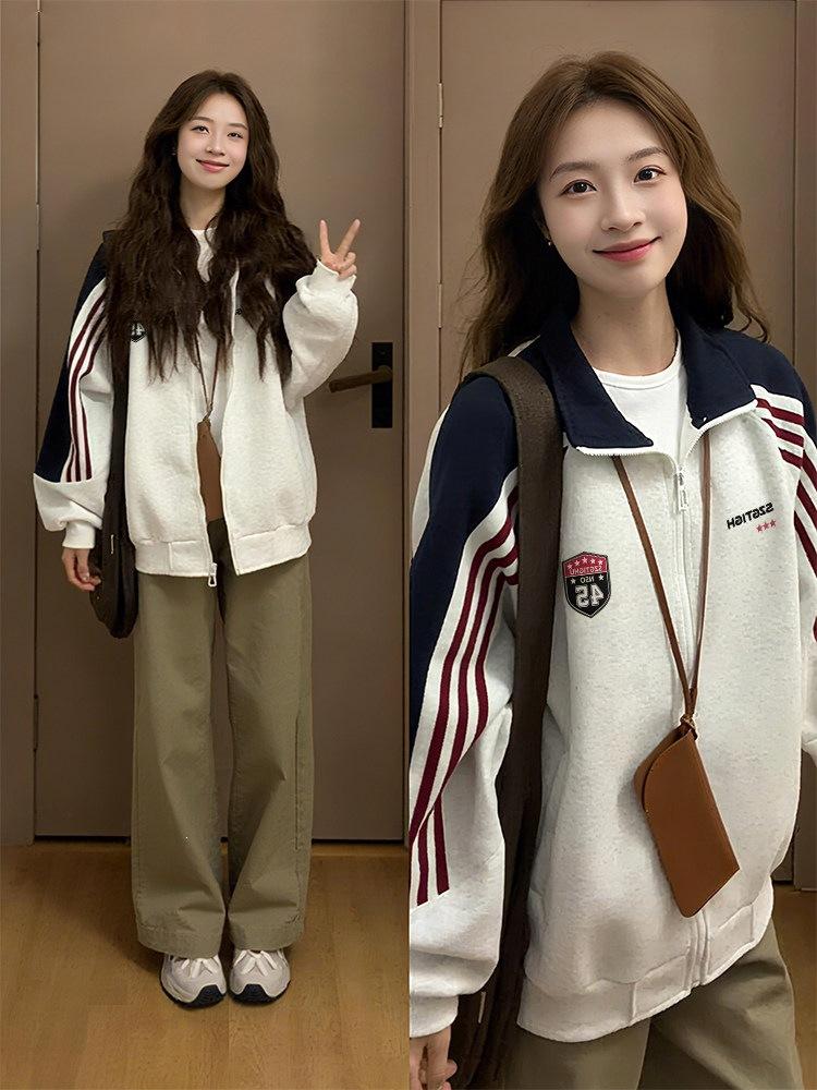Badge Print Baseball Jacket Men's and Women's Spring Chic Lazy Loose Shoulder Sleeve Cardigan Sweater Jacket