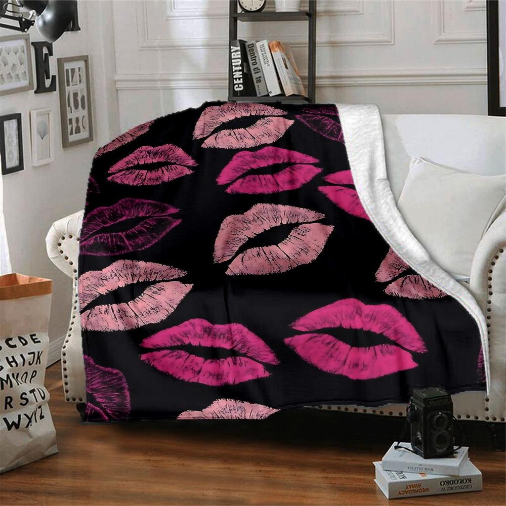 1pc Lipstick Kiss Print Blanket Warm, Cozy, And Soft, Suitable for Sofas, Beds, Cars, And Office Use.Perfect for Camping And Travel, Making It a Great