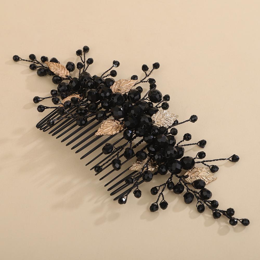 Black Crystal Bridal Hair Comb Handmade Leaf Wedding Hair Accessories Ornaments Trendy Bride Headpiece Tiara for Women and Girls
