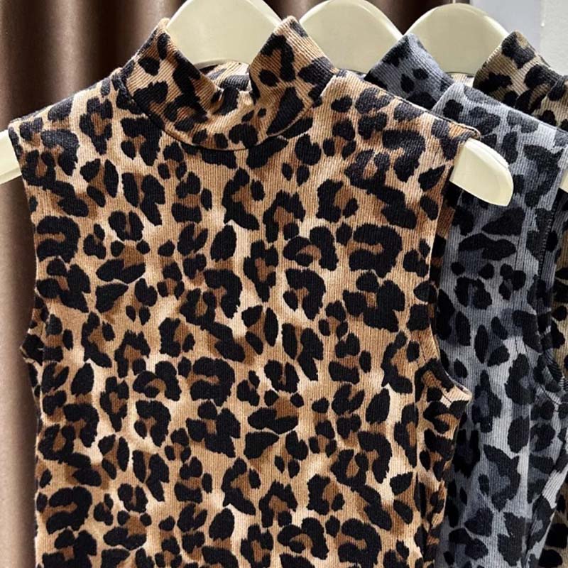Leopardí vesta pro ženy Topy bez rukávů Vesta s polovičním rolákem Nadměrná Zesílená Neformální vesta