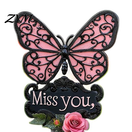 Memorial Garden Stake Butterfly Stake, Miss You Sign, Pink Weather Resistant Yard Art Rose for Lawn Courtyard Cemetery Decoration Commemorative Sign