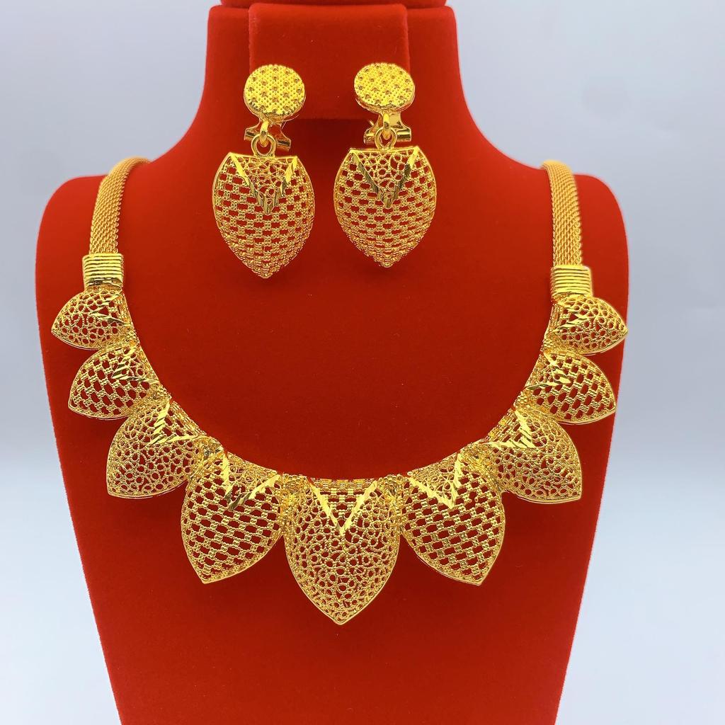 Gold-Plated Brass Flower Necklace & Earrings Set for Women's Wedding Jewelry