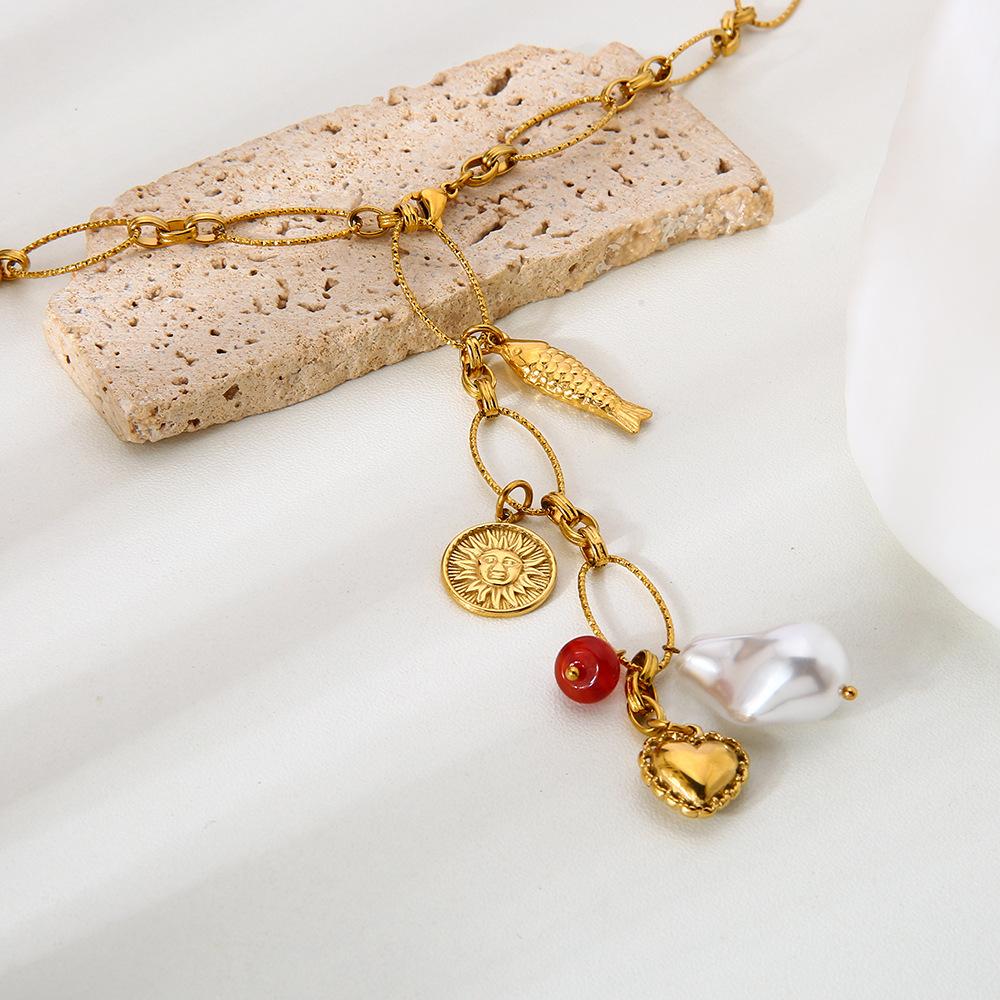 Vintage Baroque Imitation Pearl Carp Love Pendant Necklace Women's Plated 18k Gold Stainless Steel Oval O-Chain