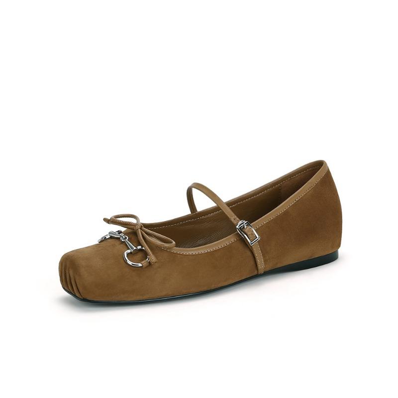 Sheepskin version~ Horse buckle pig nose single shoes bow flat ballet shoes women's Mary Jane shoes