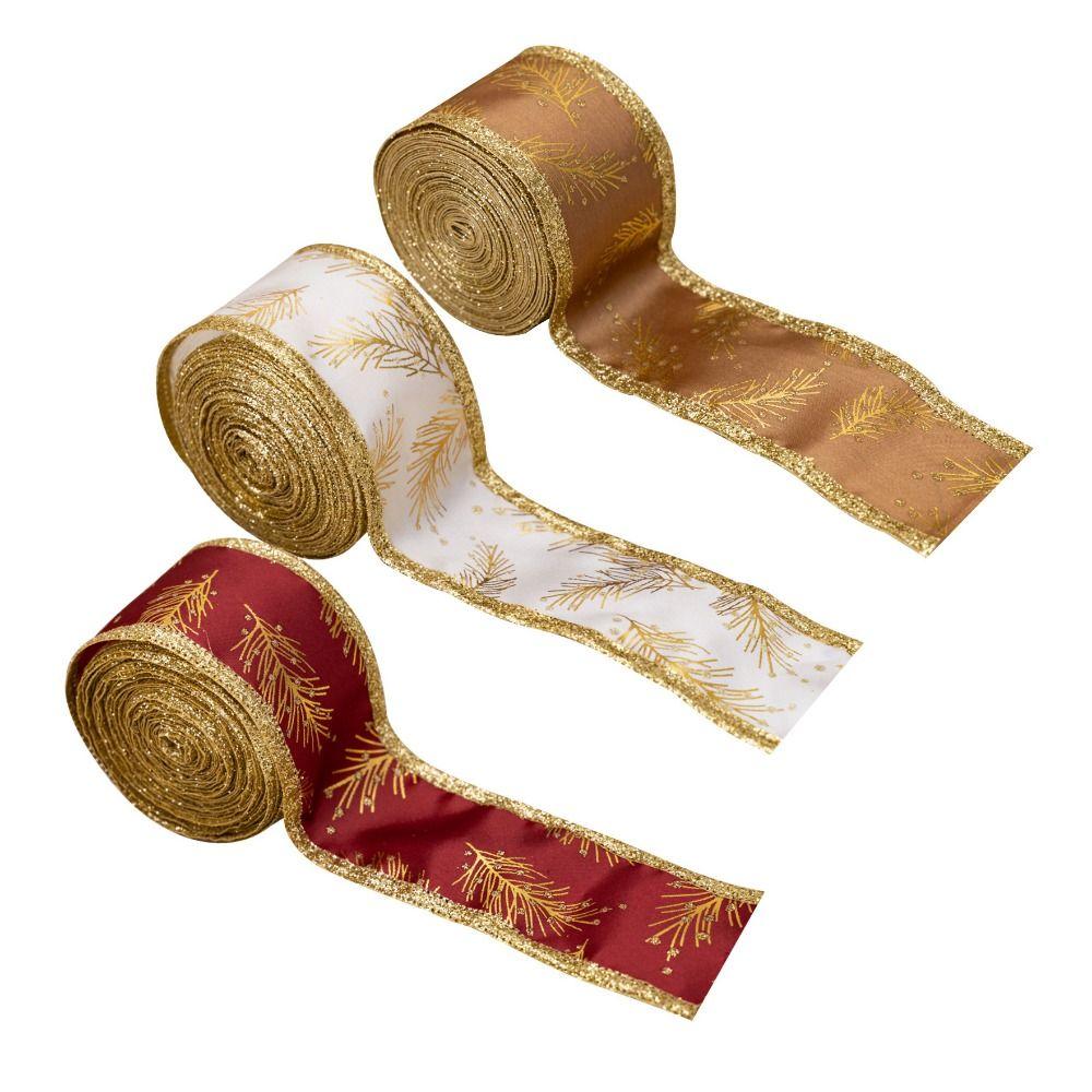 Glittering Christmas Wired Ribbon Leaves Pattern Gift Wrapping Ribbon  New Year