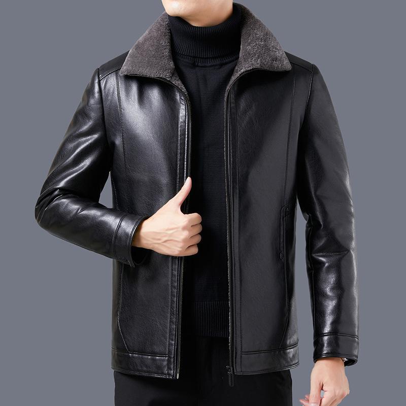 New Men's Leather Jacket Winter Plush Dad's Oversized Middle-aged and Elderly Motorcycle Jacket Men's Leather Jacket