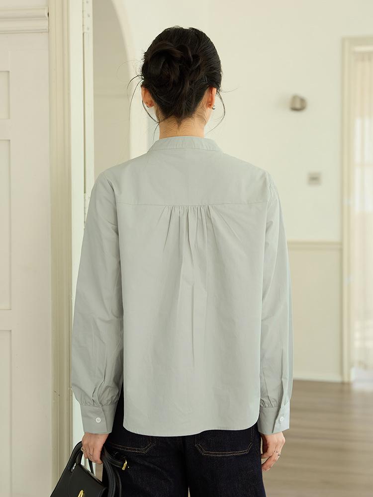 Women's Pleated Stand Collar Long Sleeve Shirt - Loose, Versatile, Elegant Design for Daily Wear