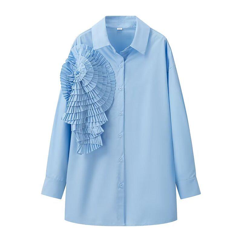 

Женская осенняя мода: Рубашка в уличном стиле с французским плиссированным 3D-цветочным принтом Small синий