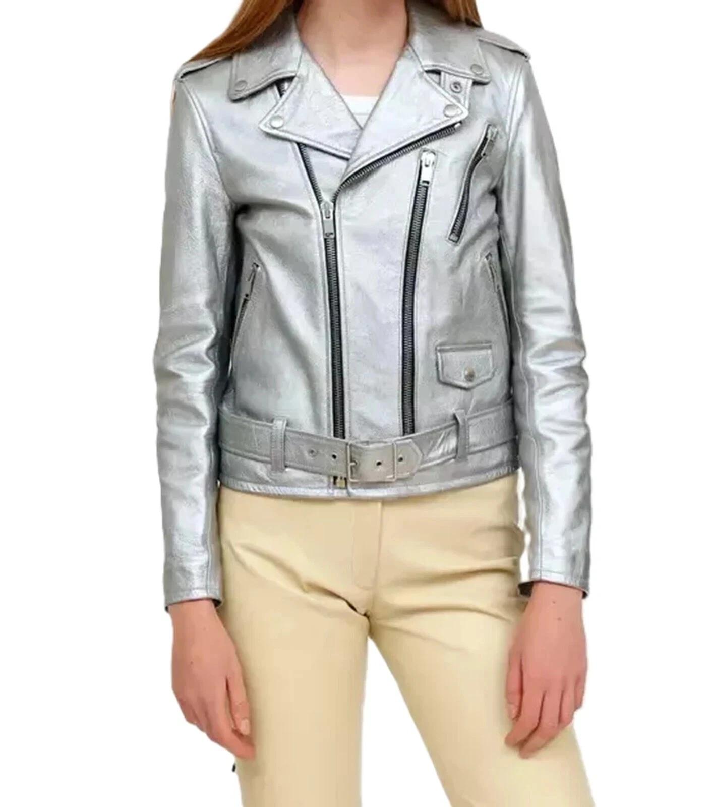 

Новая женская куртка из серебристой кожи ягненка ручной работы, стильная повседневная байкерская мягкая посадка 3XL серебряный